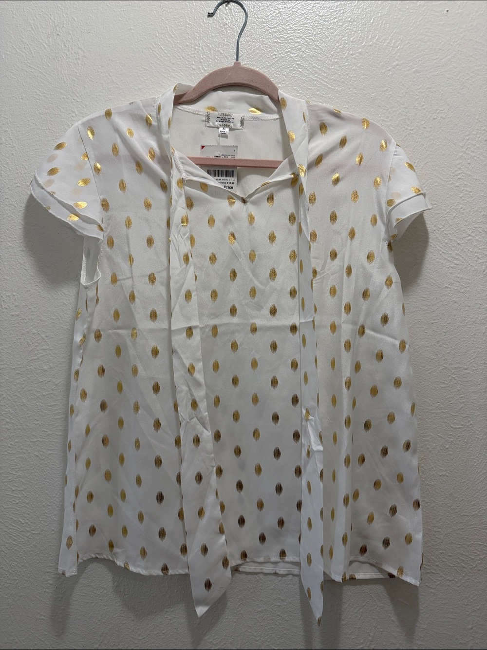 White Short-Sleeve Blouse with Gold Dot Tie Details